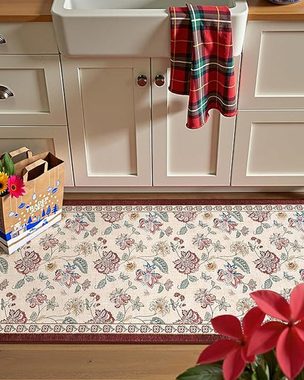 jinchan Elora 2x5 Floral Runner Rug for Hallway Washable Runner Vintage Romance Christmas Design Non Slip Thin Indoor Floor Cover Low-Profile Throw Carpet for Entryway Bathroom Bedroom, Red/Beige