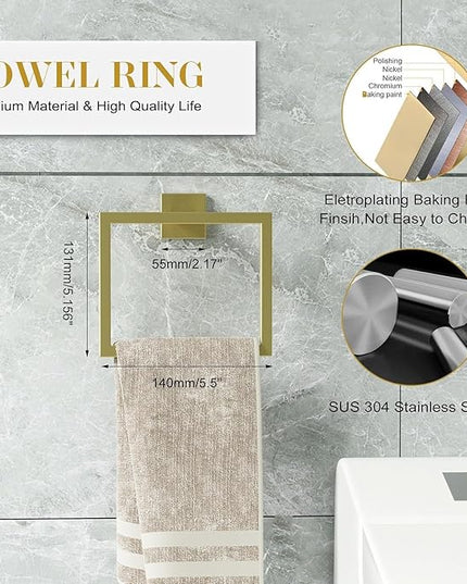 Bathroom Accessory Towel Bar Set: 15 Pieces Gold Bathroom Hardware Square SUS304 Stainless Steel - Wall Mounted Towel Rack&Toilet Paper Holder&Towel Ring and Towel Hook