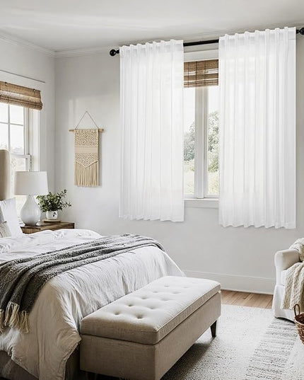 MIULEE White Linen Curtains Short 45 Inch Length 2 Panels for Kitchen Bedroom, Soft Thick Linen Textured Window Drapes Semi Sheer Light Filtering Back Tab Rod Pocket Burlap Look Decor