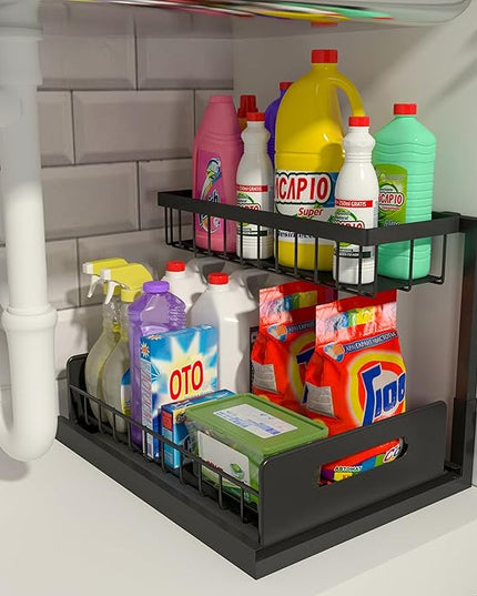 REALINN Under Sink Organizer, Pull Out Cabinet Storage 2 Tier Slide Out Sink Shelf, Kitchen Organizers and Storage, Black, 1 Pack