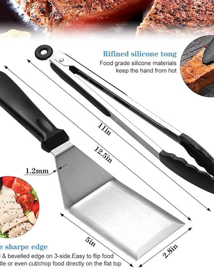Flat Top Griddle Accessories Set for Blackstone and Camp Chef, Professional Grill Spatula Set with Burger Spatulas Scraper, BBQ Tool Griddle Utensils Kit for Men Outdoor Flattop Grills Cooking (Black)