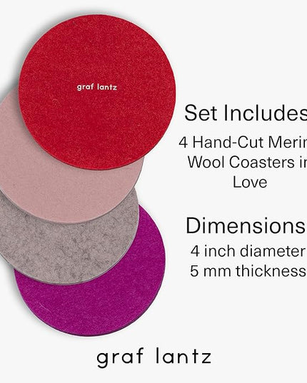 Graf Lantz - Bierfilzl Merino Wool Round Coasters Set of 4 - Love (4" Circles) - Absorbs 30% of Weight - German Wool - Heat Resistant, Sustainable, & Reusable - Home Decor & Coffee Table Decor