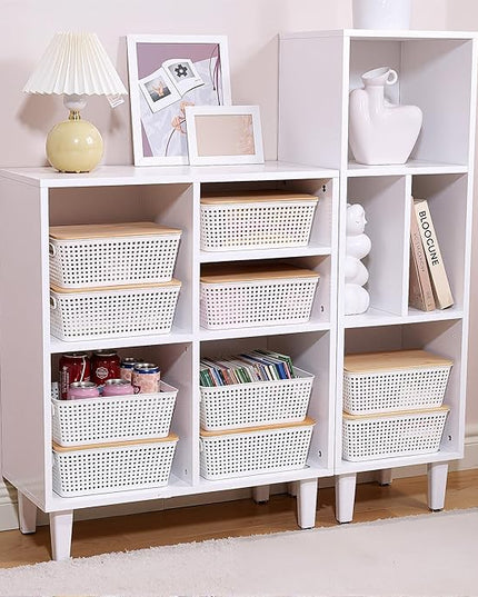 Storage Bins with Lids 8 Packs, Plastic Storage Bins with Bamboo Lids for Pantry Organization and Storage Containers for Shelves Drawers Desktop Closet Playroom Classroom Office Home, White