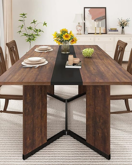 71 inch Dining Table for 4 5 6 | Modern Brown and Black Rectangular Kitchen Table W/Waterproof Wood Tabletop,Farmhouse Long Dining Room Tables W/Adjustable Legs&Wood Strip Base for Kitchen Living Room