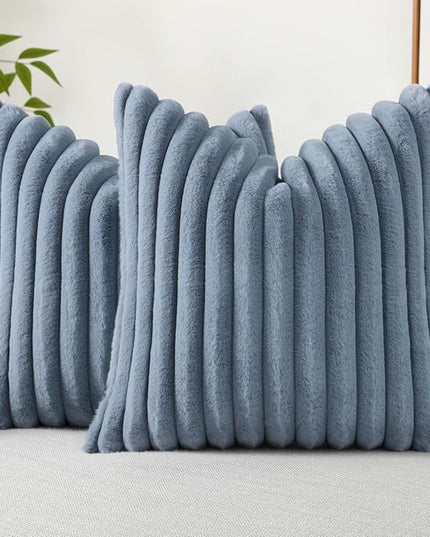 decorUhome Faux Fur Spring Throw Pillow Covers 18x18 Set of 2, Decorative Soft Plush Striped Neutral Couch Euro Pillow Covers with Velvet Back for Sofa, Bed, Living Room Home Decor, Grey Blue