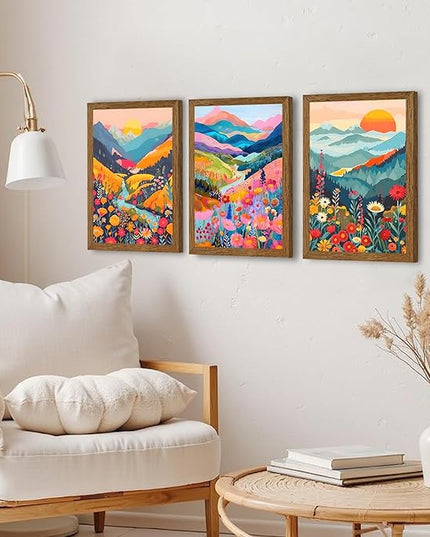 InspiredHues Colorful Mountain Boho Canvas Wall Art Set, 3 Piece Watercolor Flower Picture Wall Decor, Abstract Nature Landscape Artwork Prints for Living Room Bedroom Office 12x16 In Wood Framed