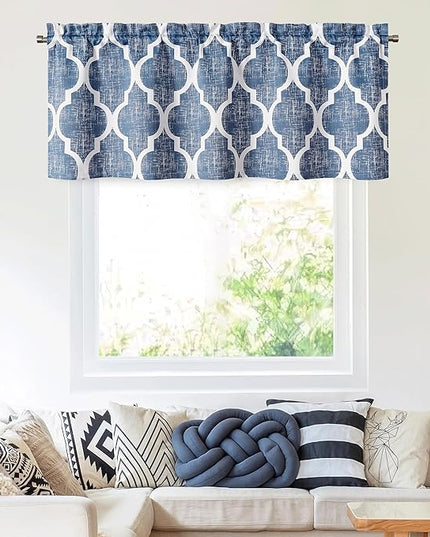Beauoop Kitchen Cafe Valance Moroccan Tiles Print for Windows Geometric Small Blackout Curtains Room Darkening Rod Pocket Window Treatment for Living Room Bathroom,Blue, 50" W x 18" L, 1 Panel