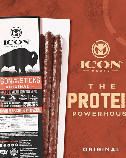 ICON Meats Bison and Pork Snack Sticks, Original, 6 Pack High Protein Snacks, 4 Meat Sticks per Pack, Sugar Free, Gluten Free, Natural, USDA Inspected, Made in USA, Gifts or Stocking Stuffers
