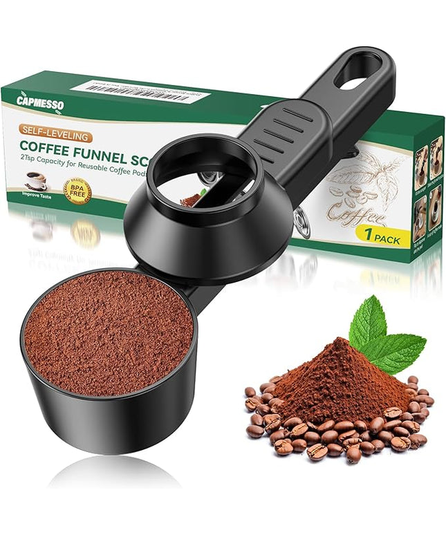 CAPMESSO Coffee Scoop & Funnel for Reusable K Cup Refillable Coffee Pods: 2 Tablespoon Coffee Measuring Scoop - Easy Slide Scoop for Ground Coffee, Protein Powder, Tea without Spilling (1 Pack)