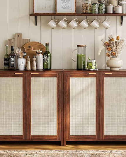 YOUDENOVA 62.3" Sideboard Buffet Cabinet, Rattan Storage Sideboard Cabinet with 4-Door and Adjustable Shelves, Farmhouse Console Table for Dining Room, Entryway, Living Room, Rustic Brown