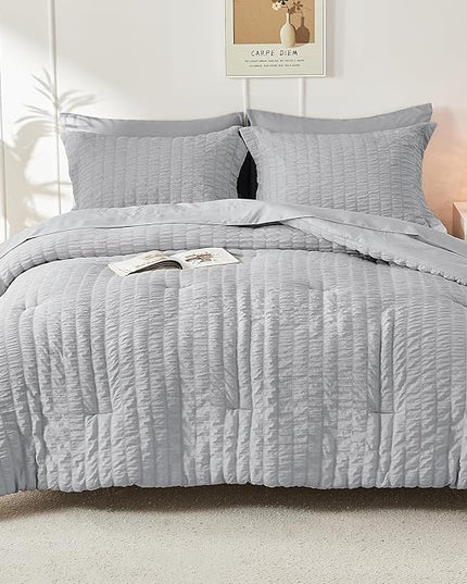 HYMOKEGE Light Grey Oversized Queen Comforter Set Seersucker 7 Pieces, All Season Luxury Bed in a Bag for Bedroom, Bedding Set with Comforter, Sheets, Pillowcases & Shams