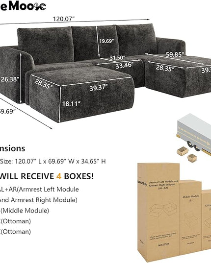 EASE MOOSE Cloud Couch Sectional Sofa, Large U-Shaped Oversized Modular Couch for Living Room, Minimalist Boneless Convertible Couches with Ottoman, 5-Seat Deep Sofa for Bedroom, Chenille (Dark Grey)