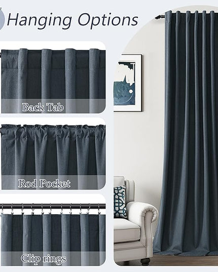 Guken 100% Blackout Linen Curtains 120 Inch Length 2 Panels Set for Living Room Bedroom Back Tab Thermal Insulated Black Out Linen Drapes Room Darkening Window Curtains,Vintage Blue