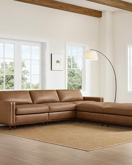 CHITA 118" Super Large Luxury L Shape Convertible Sectional Modular Sofa, FSC Certified Down Filled Modern Sofa, Deep Seat Cloud Couch, 5 Seat Couch with Chaise, Solid Wood Leg, Faux Leather in Camel