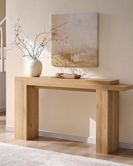 OKD 63 Inch Modern Entryway Console Table, Solid Geometry Accent Sofa Table Behind The Couch, Narrow Console Table for Entryway, Hallway, Living Room, Foyer, Natural Oak