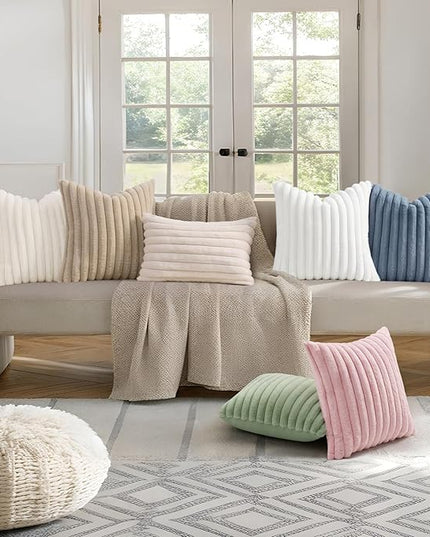 decorUhome Faux Fur Spring Throw Pillow Covers 20x20 Set of 2, Decorative Soft Plush Striped Neutral Couch Euro Pillow Covers with Velvet Back for Sofa, Bed, Living Room Home Decor, Sage Green