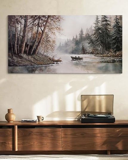 HGUAOA Mountain Canvas Wall Art Rustic Lake Landscape - Nature & Forest Scenery Paintings Pictures for Living Room & Bedroom Wall Decor Vintage Artwork for Walls