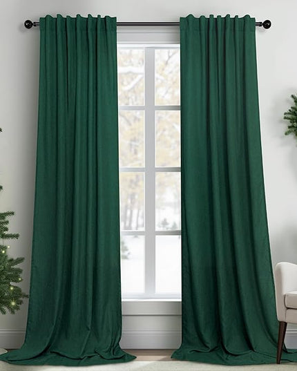 Dark Green Curtains 108 Inches Long for Living Room 2 Panels Back Tab Pocket Semi Sheer Linen Deep Hunter Forest Curtains for Patio Door Aesthetic Academia Decor Christmas Background Cortinas Verdes