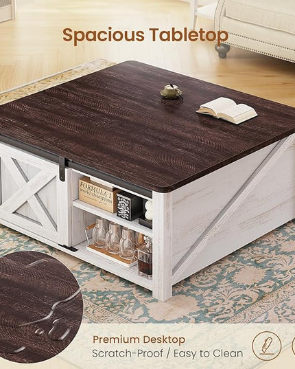 SEDETA 31.5" Lift Top Coffee Table with Storage, Square Coffee Tables for Living Room, Farmhouse Coffee Table with Large Hidden Storage Compartment and Adjustable Shelves, Vintage White
