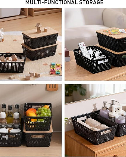 Storage Bins with Lids 6 Packs, Plastic Storage Bins with Bamboo Lids for Pantry Organization and Storage Containers for Shelves Drawers Desktop Closet Office Home, Black