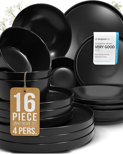 Stoneware dinnerware set 4 persons 16 pcs – Matte black ultra chic plates and bowls set – Dishwasher and microwave safe – Bowl and plate set – Dinner service Pure Living