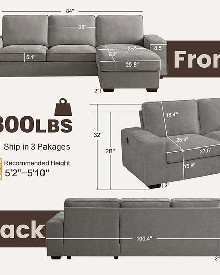 PARKOL 99" L-Shaped Sectional Couch with Storage, Sofa with Reversible Chaise, USB Type-C Charging, Chenille Fabric, Removable Cushion Covers, for Small Space, Apartment, Living Room, Light Gray