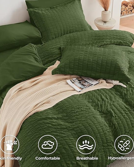 HYMOKEGE Olive Green Full Size Comforter Sets Seersucker 7 Pieces, All Season Luxury Bed in a Bag for Bedroom, Bedding Set with Comforter, Sheets, Pillowcases & Shams