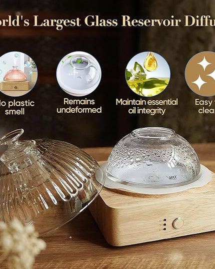 Glass Dome Essential Oil Diffuser with Glass Reservoir & Wood Base-No Plastic, 200ml Ultrasonic Diffuser for Aromatherapy with Timer 7 Color Light Auto-Off for Home Office Yoga Pilates