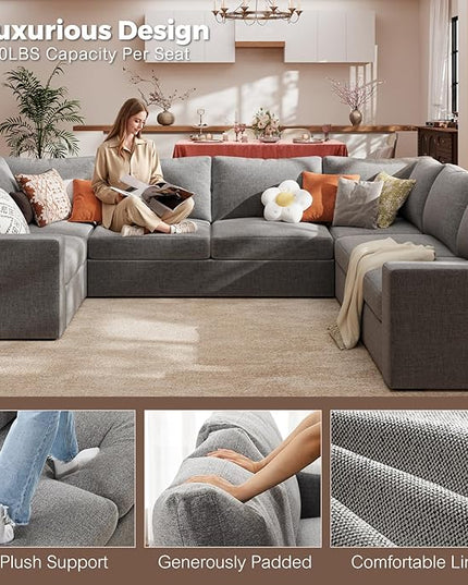 ABCASA Oversized 136" Modular Sectional Sofa, Deep Seat U Shaped Couches for Living Room, Breathable Linen Fabric Corner Couch, Easy to Assemble, Grey