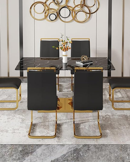 63” Faux Marble Dining Table Set for 6,Black Dining Room Table Set for 6, Rectangle Kitchen Table Set with PU Leather Chairs,Gold Dinner Table Set with Tempered Glass Top and Gold Base