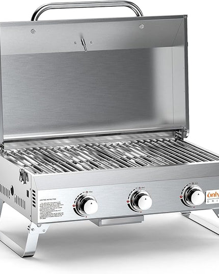 Tabletop Gas Grill 3 Burners, Portable Propane BBQ Grill with Foldable Legs for Outdoor Barbecue Patio Backyard Camping, Tailgating, RV Trip, Heavy Duty & 24000BTU, GS307