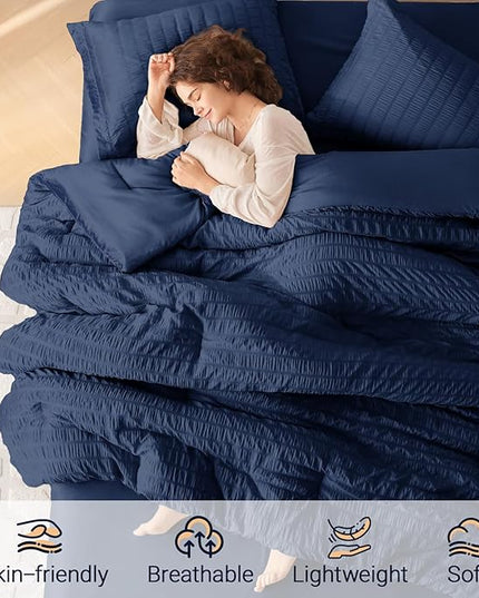 MUXHOMO 7 Pieces Full Comforter Set, Seersucker Bed in a Bag Full Size, All Season Luxury Bedding Set with Comforter, Flat Sheet, Fitted Sheet, Pillowcases & Shams, Navy Blue