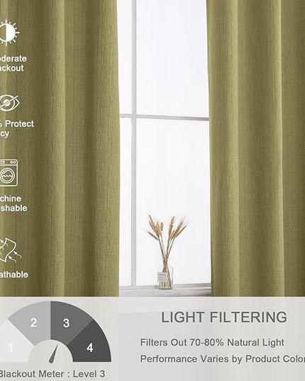 Jacquard Linen Curtains 108 inch Length 2 Panels Thick Faux Linen Blended Window Drapes Burlap Textured Curtains with Grommet for Living Room Bedroom Farmhouse (52x108 Olive Green) Natural