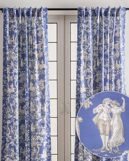 Maison d' Hermine Curtains for Living Room 100% Cotton 84 inch Length Two Panels Light Filtering Toile Curtains for Bedroom Windows with Rod and Loop Pockets Drapes (Joli Jouy Blue, 50" W x 84" L)