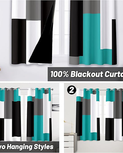Teal/Turquoise 100% Blackout Curtains 45 inch Length 2 Panels Set Black White Grey Modern Abstract Geometric Drapes for Kitchen Curtains Insulated Room Darkening Small Window Curtains, 52Wx45L
