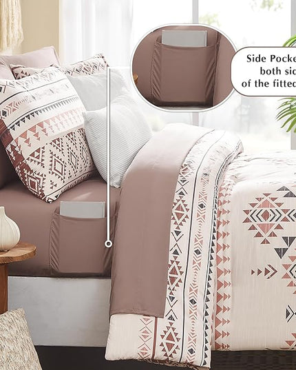 Geniospin King Size Comforter Set- 7 Pieces Boho Bed in a Bag, Western Bedding Set for All Seasons, Reversible Aztec Bedding, Lightweight Comforter Bed Set with Sheets, Pillowcases & Shams