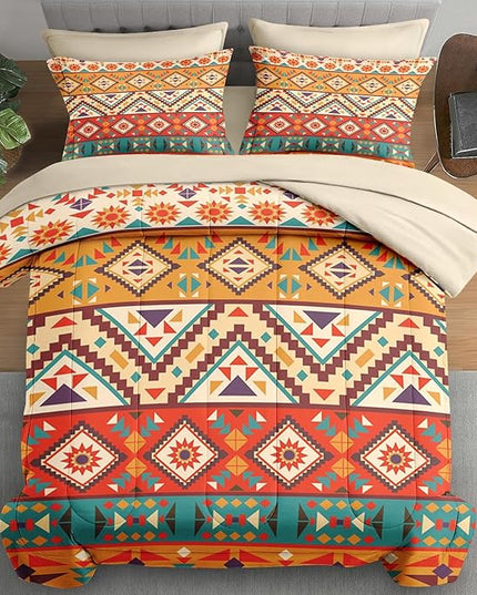 Comforter Set Queen Size, Colorful Tribal Mexico 7 Pcs Bedding for Kids and Adults, Mexican Aztec Sun Bed Sheet Sets with Fitted Sheet 2 Pillowcases & 2 Shams for Bedroom Bed Decor