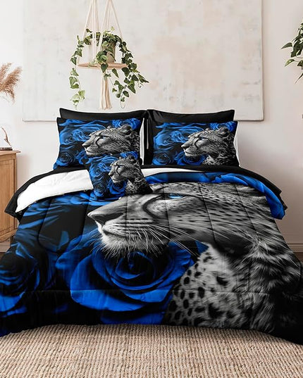 Merryword 8 Pieces Cheetah Leopard Bed in a Bag Blue Rose Comforter Set Full Size Blue Flower Bedding Tiger Lion Wild Animal Comforter Set