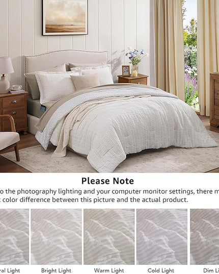 King Comforter Set - 7 Pieces Beige Gauze Muslin Bedding Sets for All Seasons, Lightweight Breathable Bed in a Bag King with Revesible Farmhouse Comforter, Sheets, Pillowcases & Shams