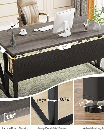 Tribesigns 55 inches Computer Desk with Bottom Storage Shelf Home Office Desk Writing Table for Workstation,Dark Walnut + Steel Leg， Cabinet not Included (Grey, 55-inch -with Shelf)