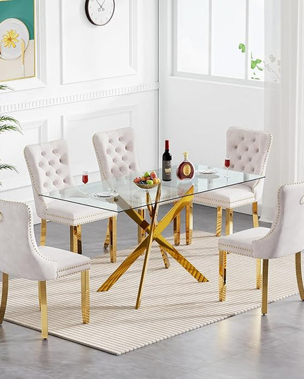 60.63in Rectangular Glass Dining Table Set for 6, Glass Gold Kitchen Table and Chair Set for 6, Modern 7 Piece Dining Room Set with 6 Fabric Upholstered Chairs, Metal Legs Home Kitchen Furniture