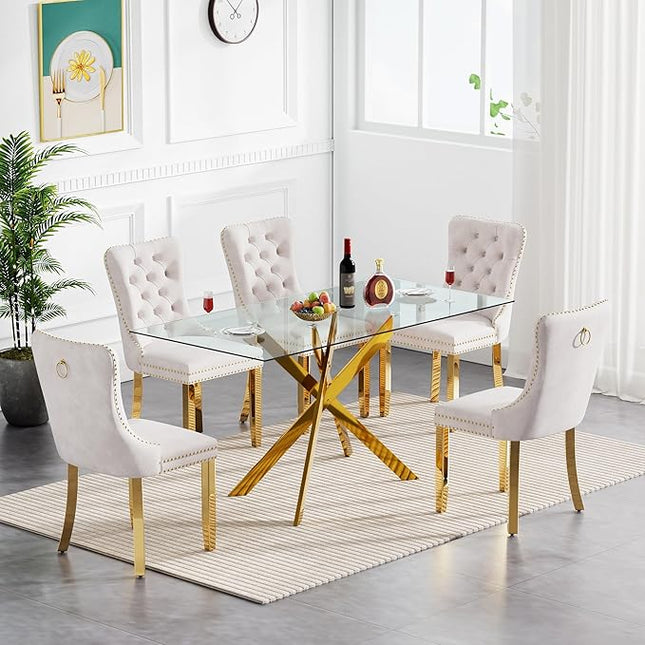 60.63in Rectangular Glass Dining Table Set for 6, Glass Gold Kitchen Table and Chair Set for 6, Modern 7 Piece Dining Room Set with 6 Fabric Upholstered Chairs, Metal Legs Home Kitchen Furniture