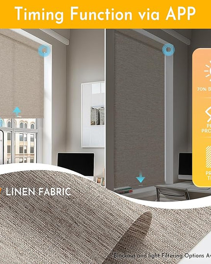Persilux Smart Motorized Blinds with Remote, No Drill Automatic Roller Shades for Indoor Windows, Light Filtering Linen Fabric, Electric Blinds for Windows, Linen Light Brown C156-3, Custom Size