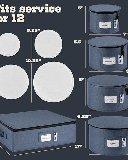 Hard Shell China Storage Containers 5-Piece Set Moving Boxes for Dinnerware, Glasses, Plates, Mugs and Saucers Sturdy Dish Organizer with Dividers for Seasonal Storage - Service for 12 - Denim Blue
