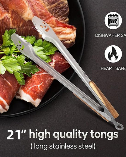 21-Inch Extra Long Stainless Steel BBQ Tongs with Extended Luxurious Acacia Handle – Durable and Easy-to-Clean Grilling Tool for Cooking, Kitchen Use, and Outdoor Barbecues