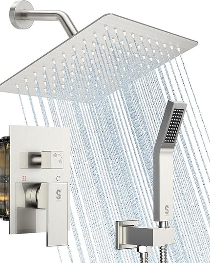 SR SUN RISE Shower Faucet Set - Shower Valve with 8 Inch Rainfall Shower Head and Handheld Shower - Wall Mounted Shower System with Rough In Valve and Shower Faucet Trim Repair Kits - Brushed Nickel