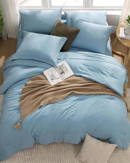 WRENSONGE Queen Comforter Set, 7 Pieces Soft Blue Bed in a Bag Queen with Fitted Sheet, Flat Sheet, 2 Pillow Shams, and 2 Pillowcases- Warm Bedding Sets for All Season