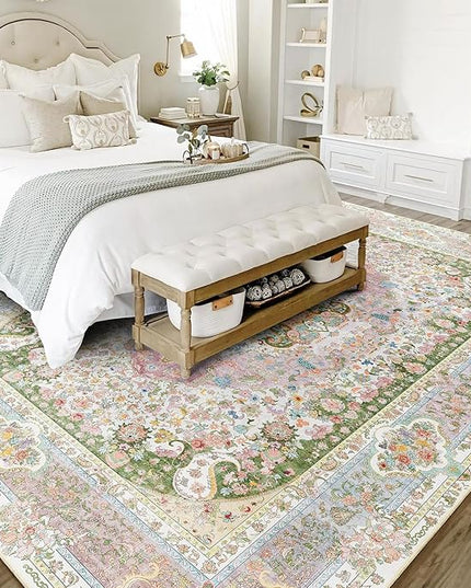8x10 Area Rugs Washable,Pink Rug for Living Room Bedroom Dining Room,Large Boho Vintage Bohemian Distressed Carpet Non Slip,Blush Green