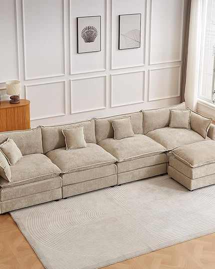 Modular Sectional Sofa, 147.2 Inch L Shaped Couch Set with Armrests, 4-Seater Comfy Cloud Couches with Movable Ottoman for Living Room Apartment, Coffee