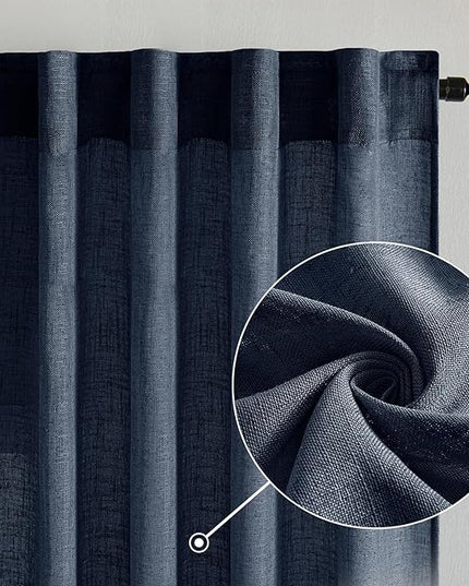 MIULEE Navy Blue Short Linen Curtains 45 Inch Length 2 Panels for Boys Bedroom Bathroom, Soft Thick Linen Textured Natural Kitchen Window Drapes Semi Sheer Light Filtering Back Tab Burlap Look Decor